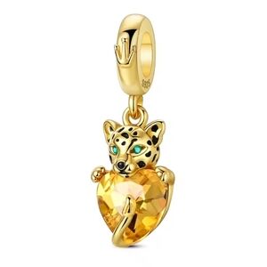 Gold Leopard Heart Diamond Dangle Charm Sterling Silver 925
